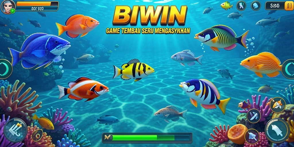 Gameplay BIWIN yang seru dengan ikan dan tantangan menembak.