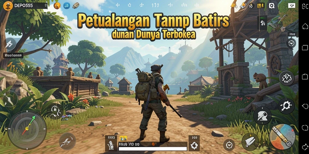 Gameplay DEPO555 yang menunjukkan kebebasan eksplorasi dunia terbuka.