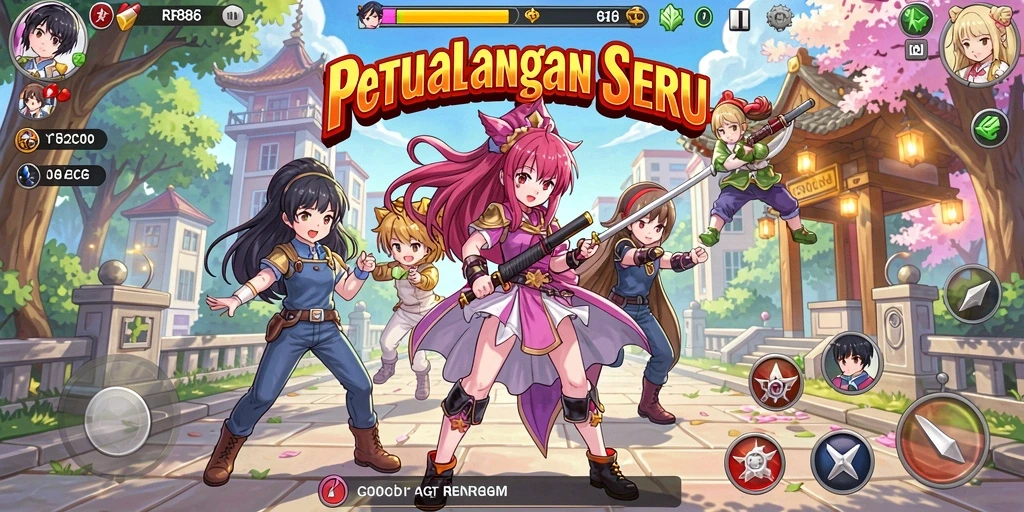 Tampilan gameplay seru dalam RP886 dengan karakter anime menarik.