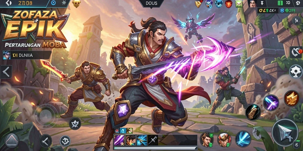 Screenshot menunjukkan aksi intens gameplay MOBA ZOFAZA.